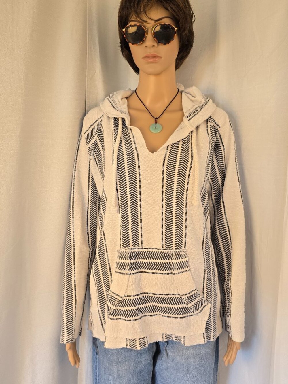 Boho Ocean Drive Blue and White Hoodie with Kangaroo Pocket Size Medium